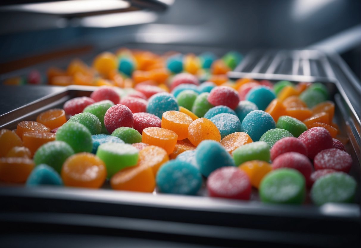 Candy pieces placed on a tray inside a freeze dryer with a control panel nearby for troubleshooting