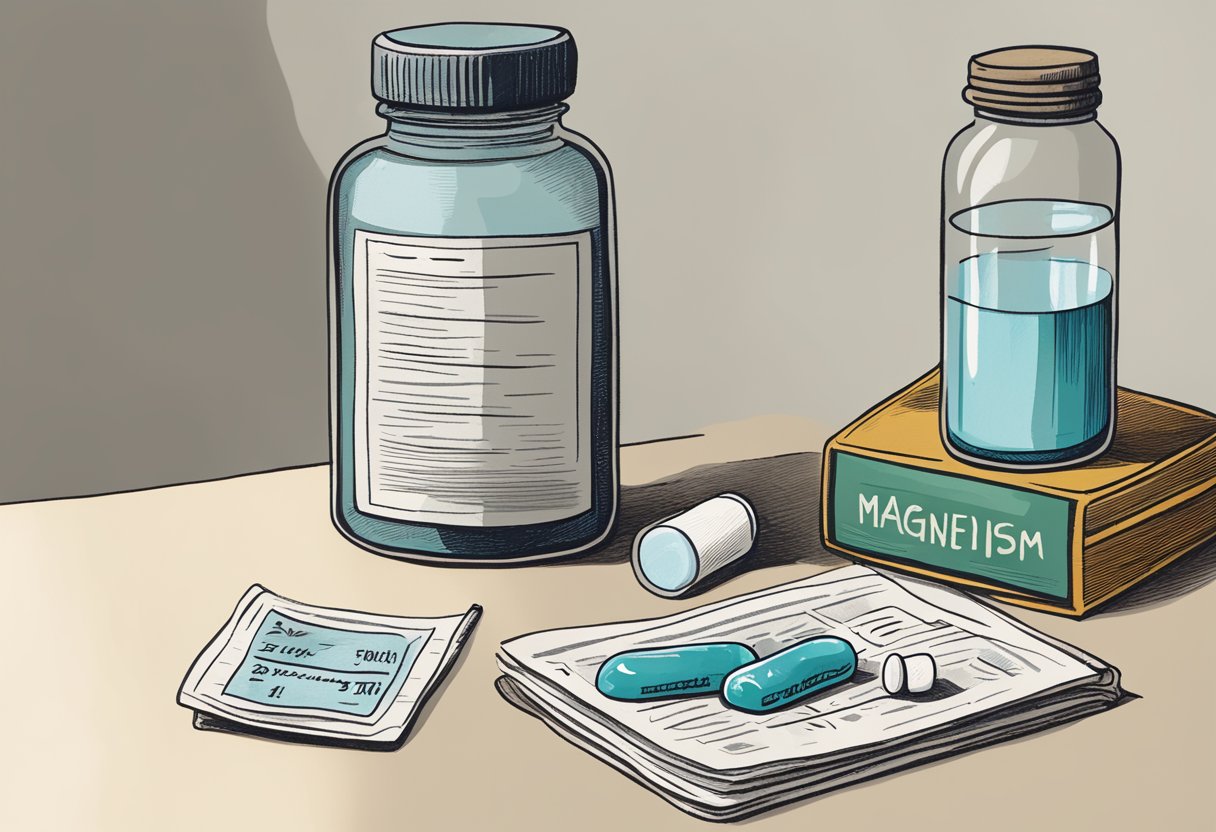 A bottle of magnesium pills on a bedside table, next to a glass of water and an empty medicine packet