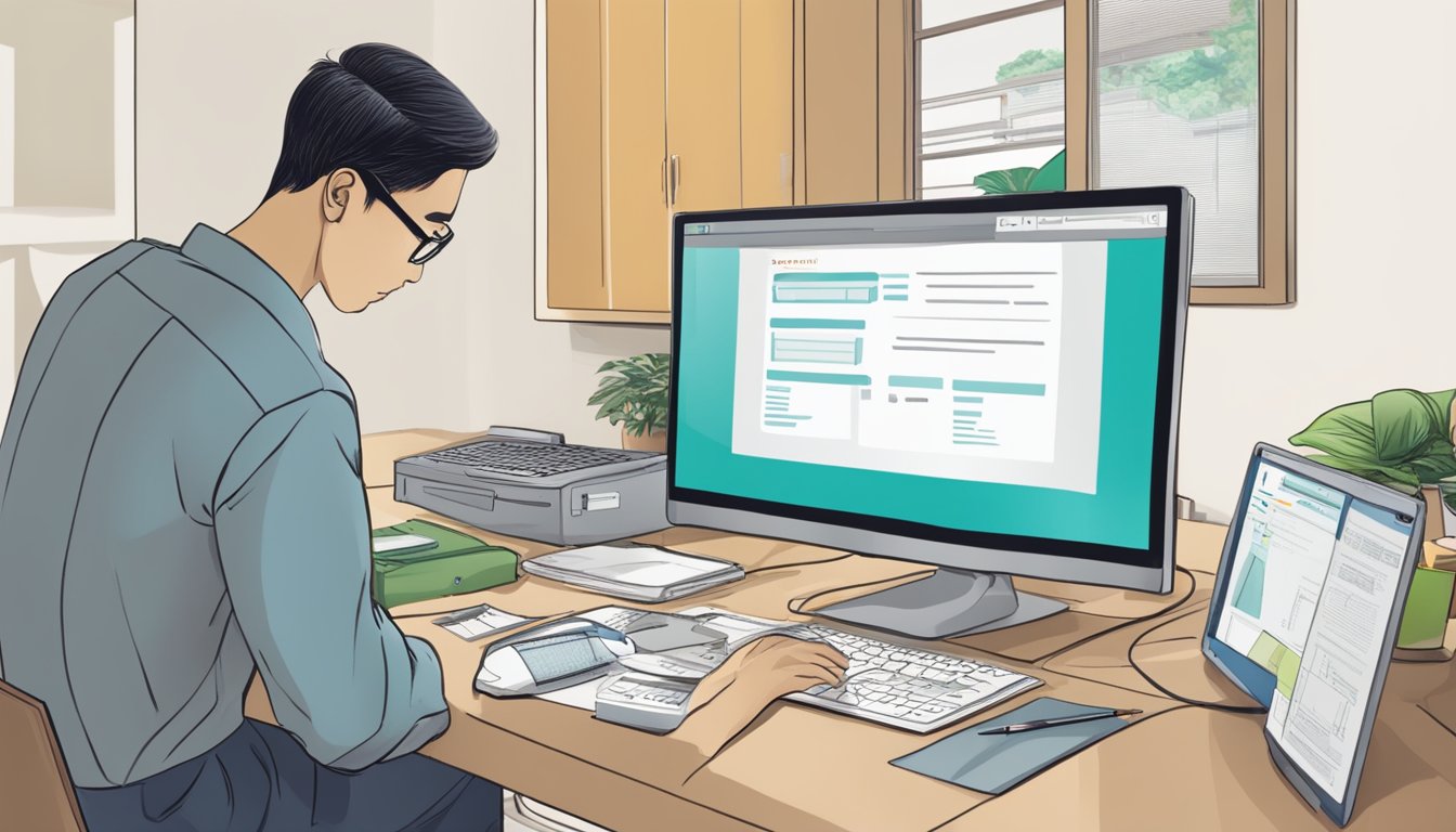 A person makes a partial repayment on their OCBC home loan in Singapore. The scene includes a computer, calculator, and paperwork