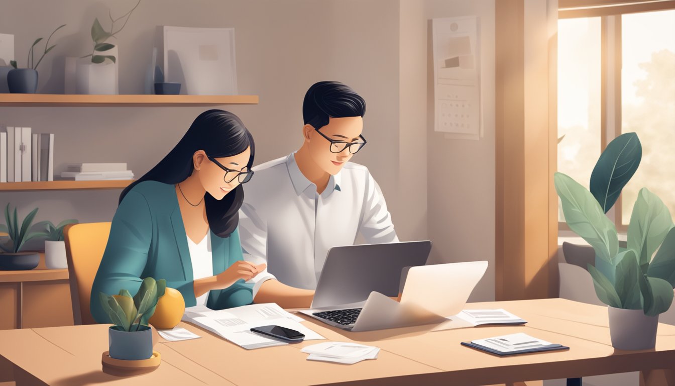 A couple sits at a table, reviewing OCBC home loan options on a laptop. A stack of paperwork and a calculator are spread out in front of them. The room is filled with natural light, creating a warm and inviting atmosphere