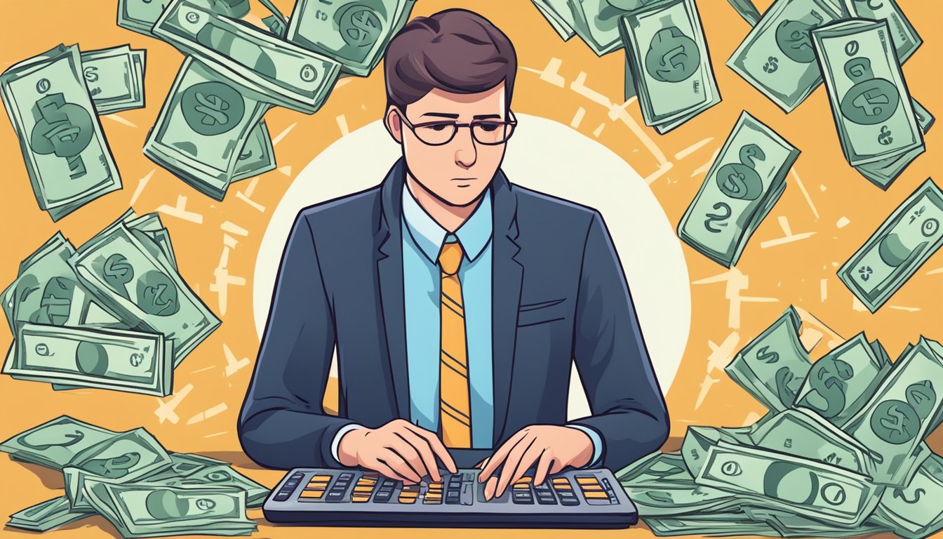 A person holding a calculator with a concerned expression, surrounded by dollar signs and penalty symbols
