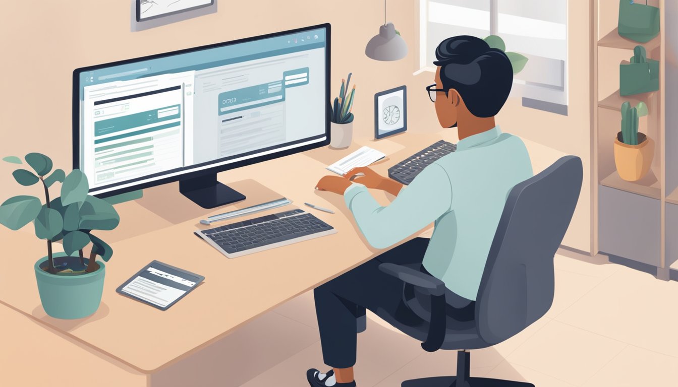 A person sitting at a desk, typing on a computer, with a webpage open displaying "Frequently Asked Questions ocbc home loan partial repayment singapore."
