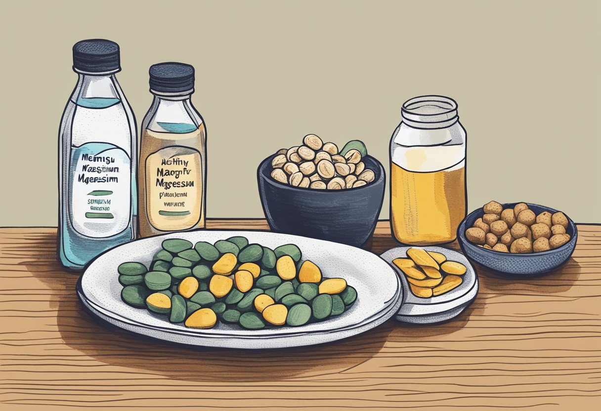 A bottle of magnesium supplements next to a glass of water and a plate of healthy snacks on a bedside table