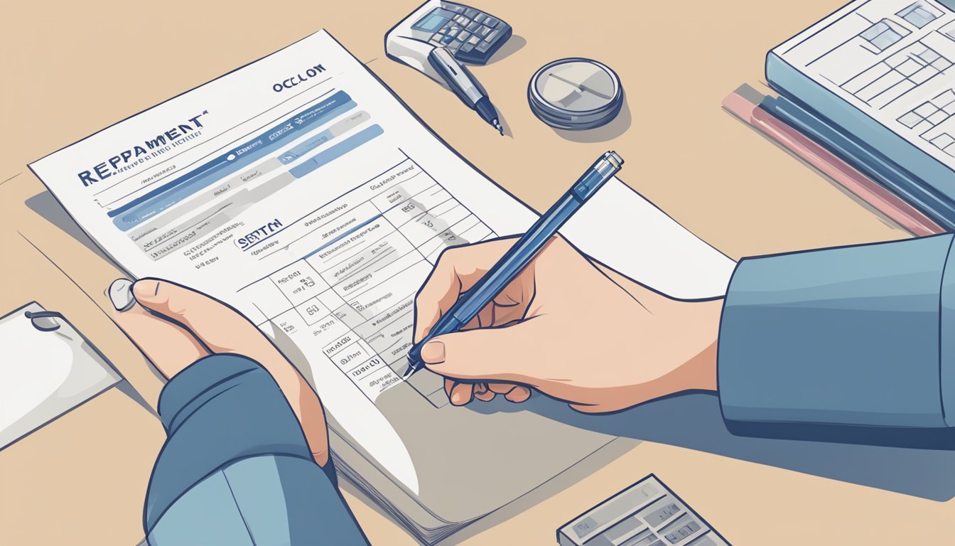 A hand holding a pen fills out a form with different repayment options for an OCBC home loan, with a chart showing varying interest rates