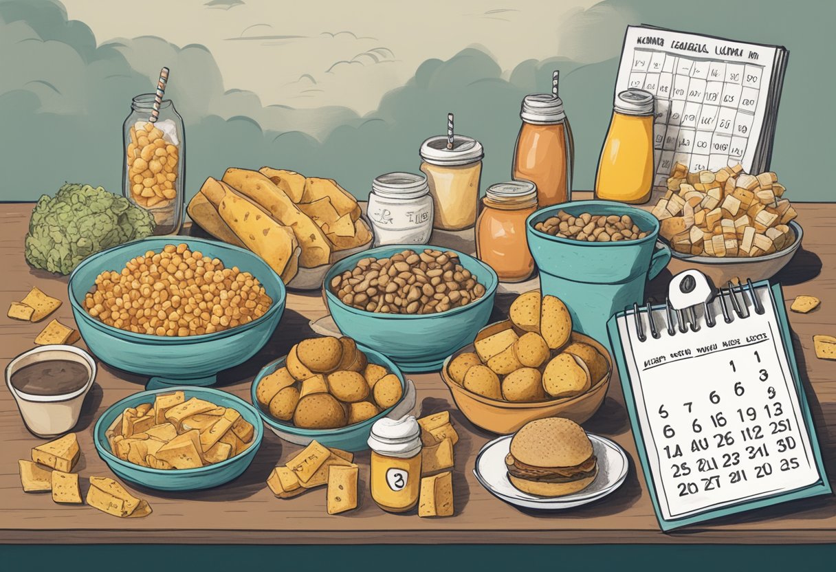 A table piled high with unhealthy foods, a scale showing drastic weight loss, and a calendar with the days crossed off in a rush