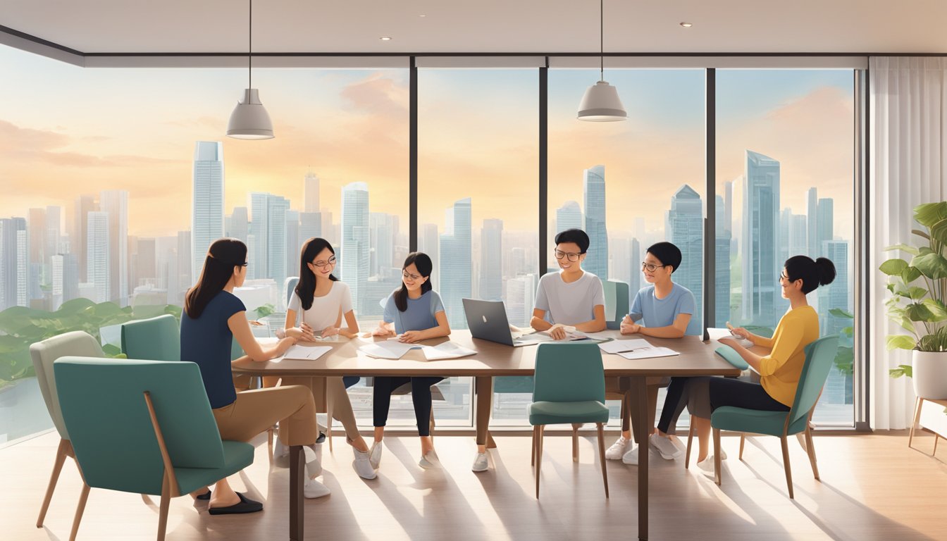 A family sits around a table, reviewing paperwork for their OCBC home loan refinance in Singapore. The room is bright and airy, with a view of the city skyline through the window