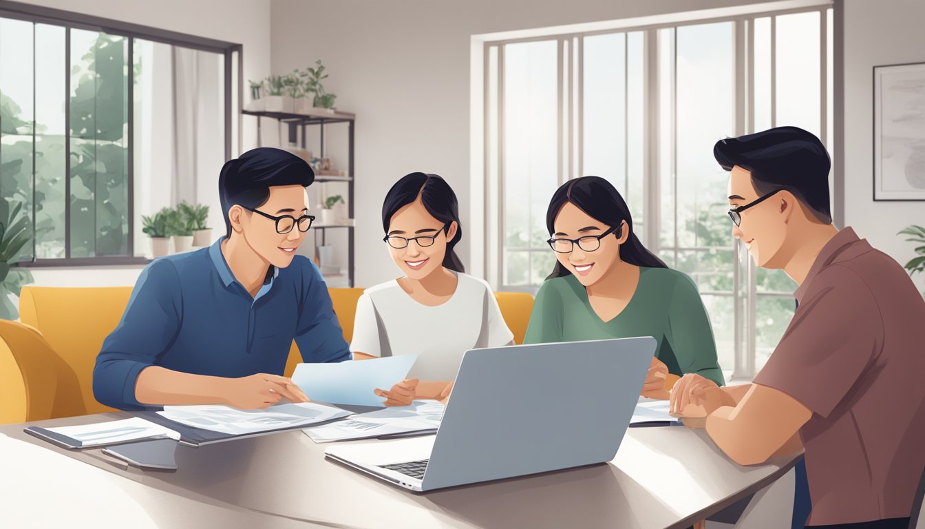 A family sits around a table, discussing OCBC's home loan packages. A laptop and paperwork are spread out in front of them, as they consider refinancing options for their Singapore home