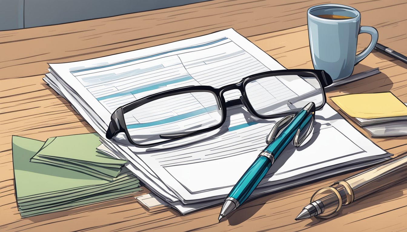 A stack of legal documents and a contract form on a desk with a pen and a pair of glasses