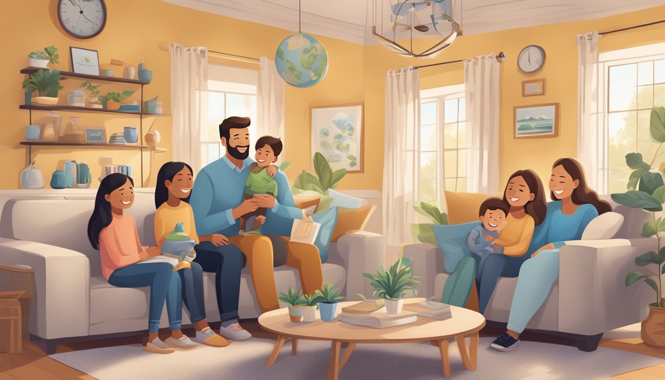 A family happily settles into their newly refinanced home, surrounded by symbols of financial security and peace of mind