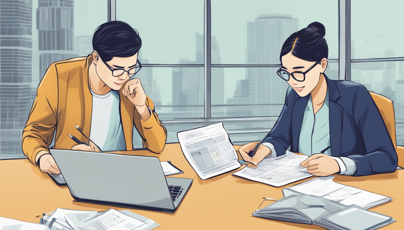 A couple sits at a table, reviewing papers with the OCBC logo. A laptop and calculator are nearby, suggesting they are considering a home loan repricing in Singapore