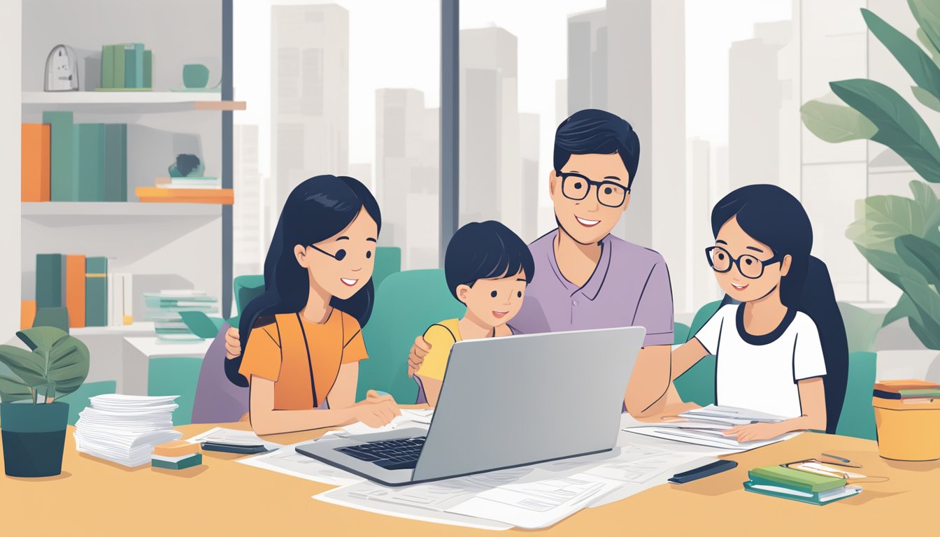 A family sits at a table, reviewing OCBC Home Loan Repricing options. A laptop displays the OCBC website, while a calculator and paperwork are spread out