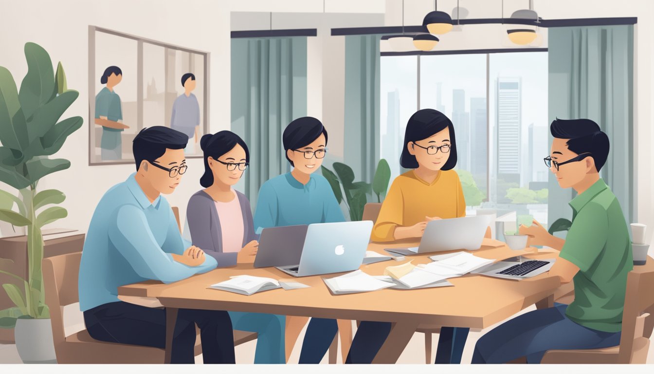A modern Singaporean family sits around a table, discussing OCBC's home loan packages. A laptop and paperwork are spread out as they compare options