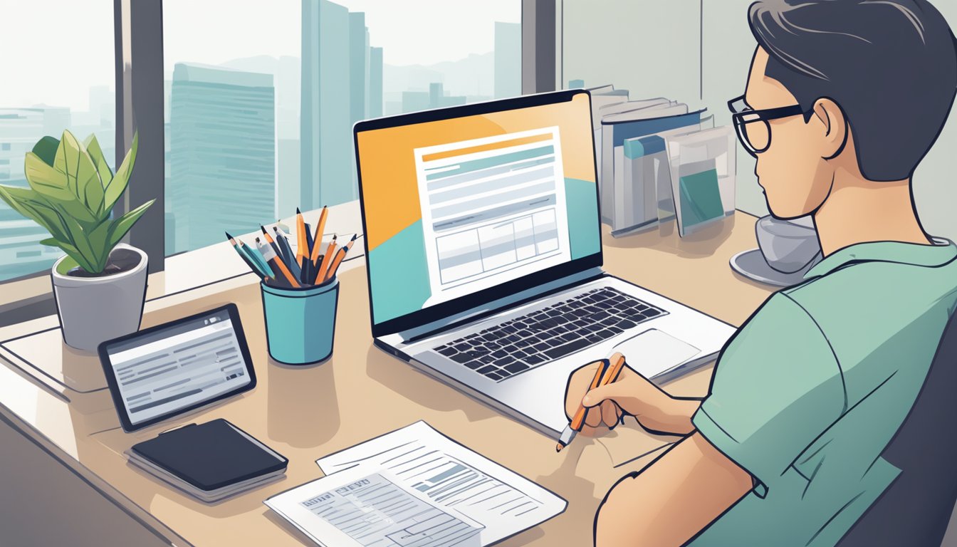 A person sitting at a desk with a laptop, reviewing documents and filling out an application form for an OCBC home loan repricing in Singapore