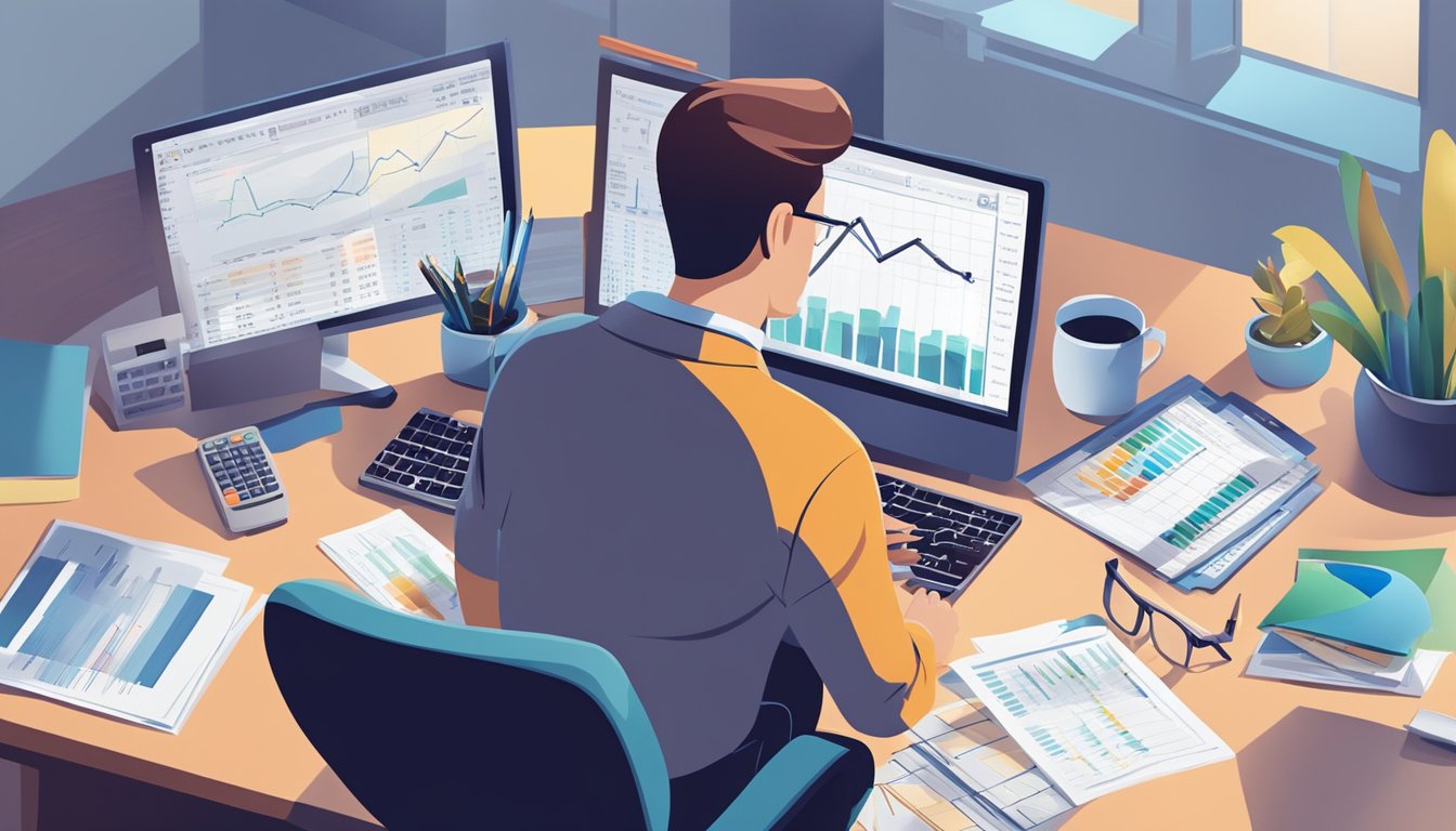 A person sitting at a desk, looking at a computer screen with financial charts and graphs. A calculator and paperwork are scattered on the desk. The room is well-lit and organized