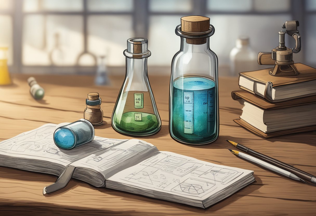 A glass vial labeled "ox bile" sits on a wooden table, surrounded by scientific equipment and books