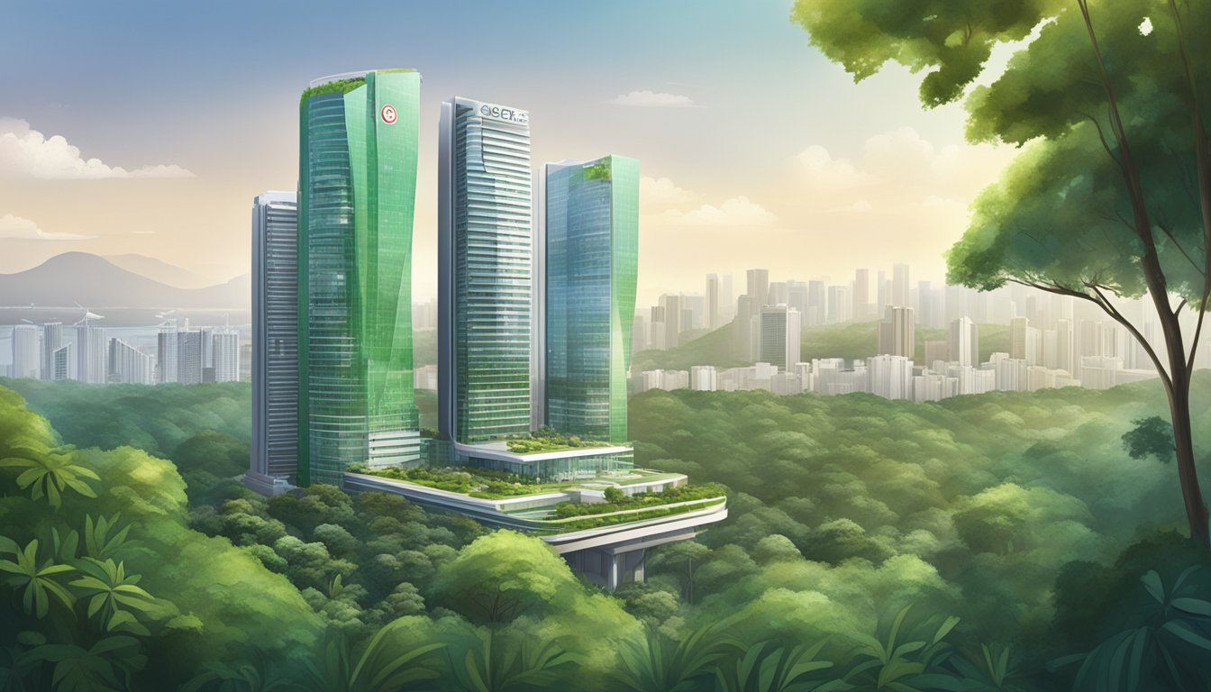 A modern, high-rise building in Singapore with the OCBC logo prominently displayed, surrounded by lush greenery and a bustling cityscape