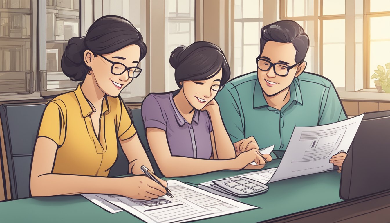 A couple sits at a table, reviewing documents with the OCBC logo. A house key and calculator are nearby. The couple looks satisfied and confident