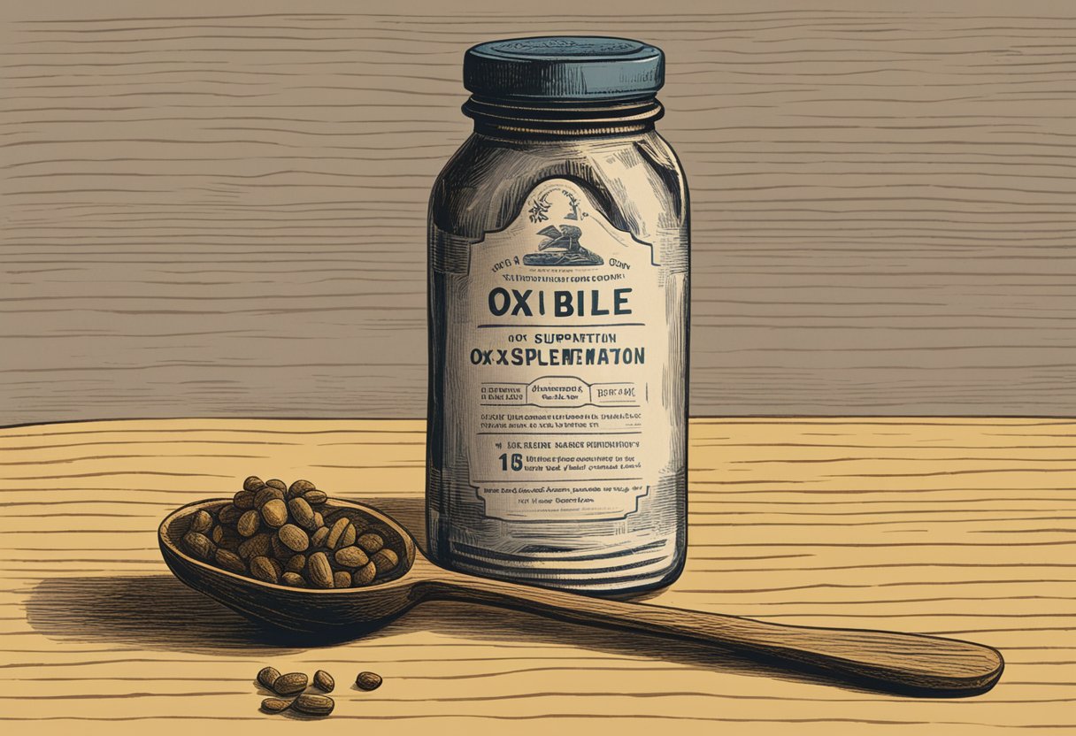 A bottle of ox bile sits on a wooden table with a spoon next to it. The label reads "Ox Bile Supplementation."
