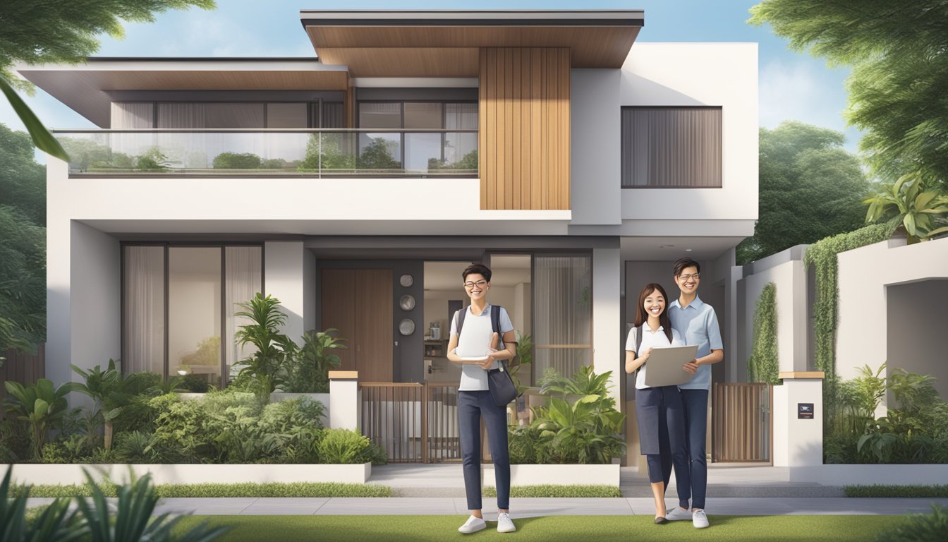 A couple stands outside a modern house, smiling. A sign reads "OCBC Housing Loan Singapore" with a list of features and benefits