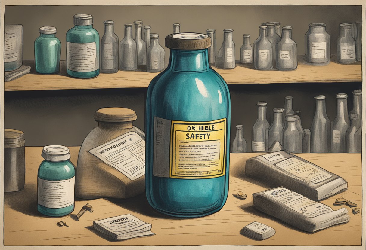A bottle of ox bile sits on a laboratory table, labeled with safety warnings and handling considerations