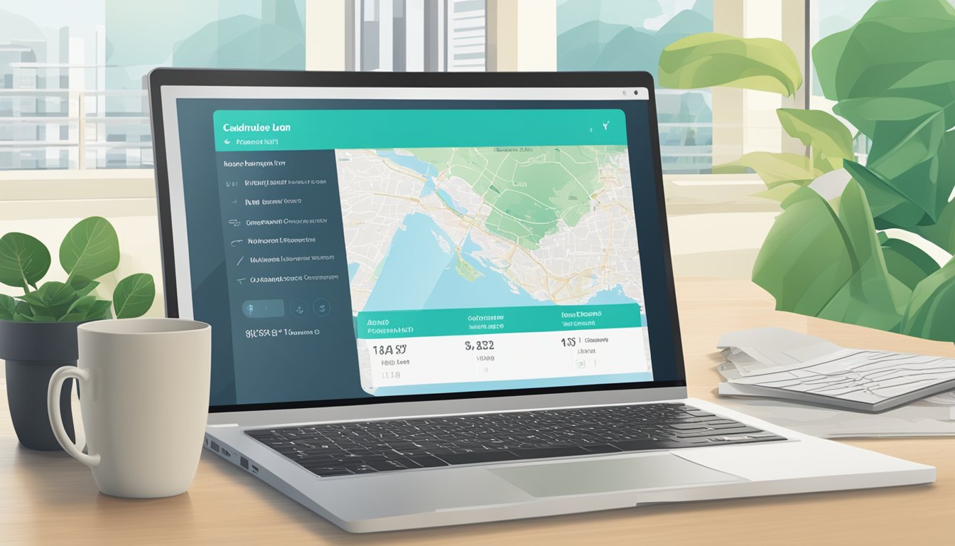 A computer screen displaying the OCBC housing loan calculator with a Singapore map in the background