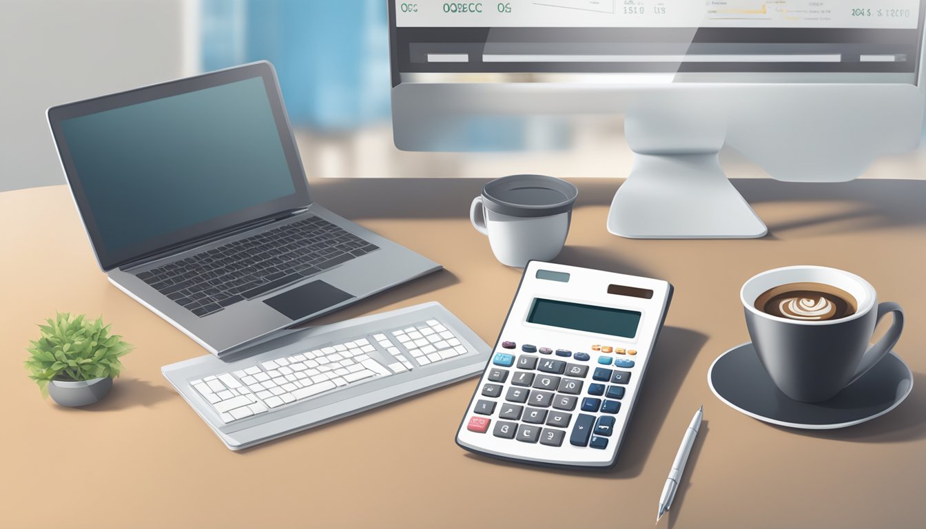A calculator with the OCBC logo displayed on a computer screen, surrounded by a modern and clean office desk setting with a cup of coffee and a notepad