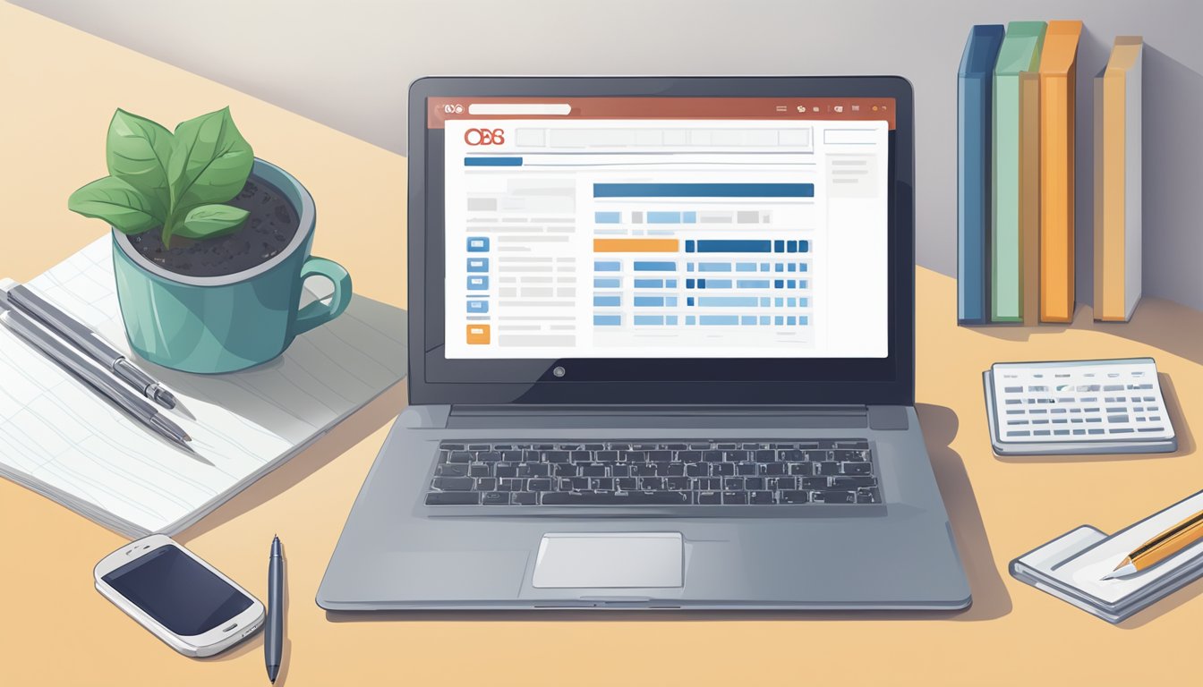 A laptop open to the OCBC housing loan calculator website, with a pen and notepad beside it