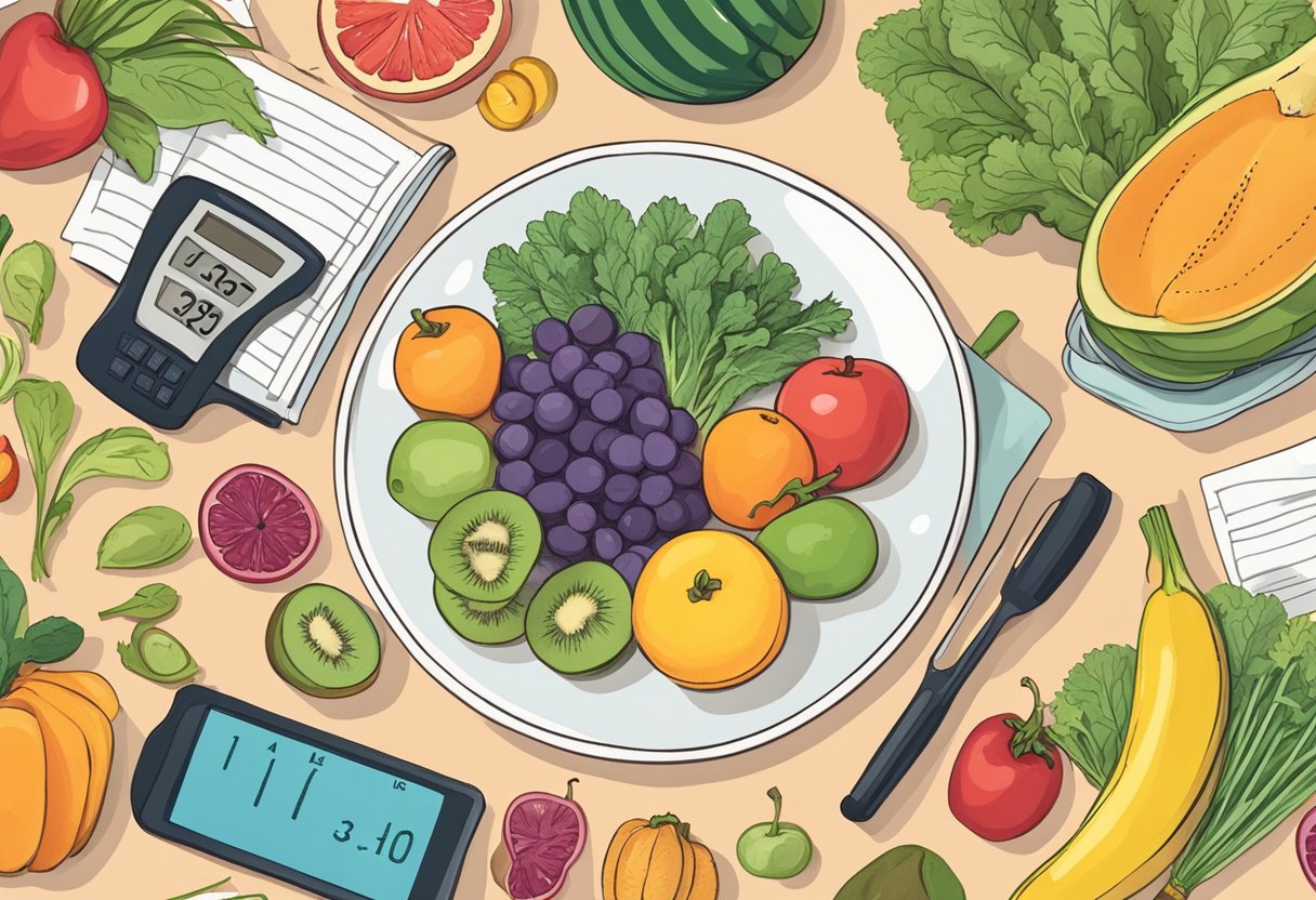 A plate with colorful fruits and vegetables, a measuring tape, and a scale, all surrounded by fitness equipment and a healthy cookbook