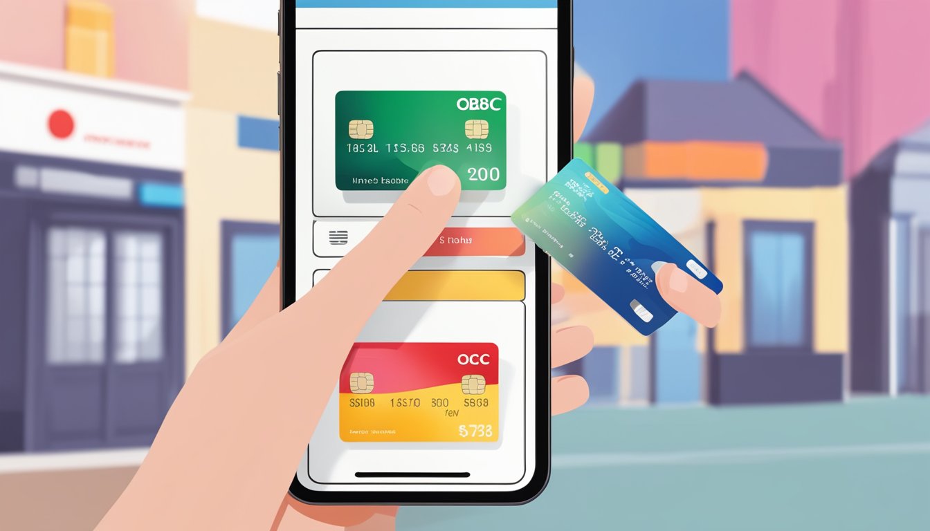 A hand holding an OCBC credit card with a "Credit Limit Increase" notification on a smartphone screen, with a smiling face in the background