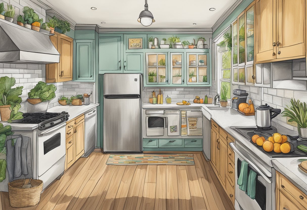 A kitchen with healthy food options, exercise equipment, and a journal for tracking progress