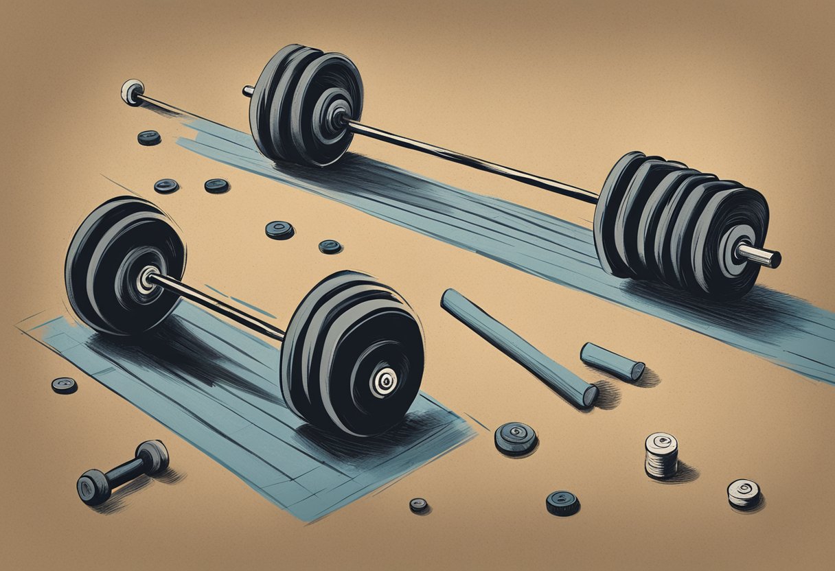 A weightlifting bar with fewer weights on each end, surrounded by discarded weights on the floor