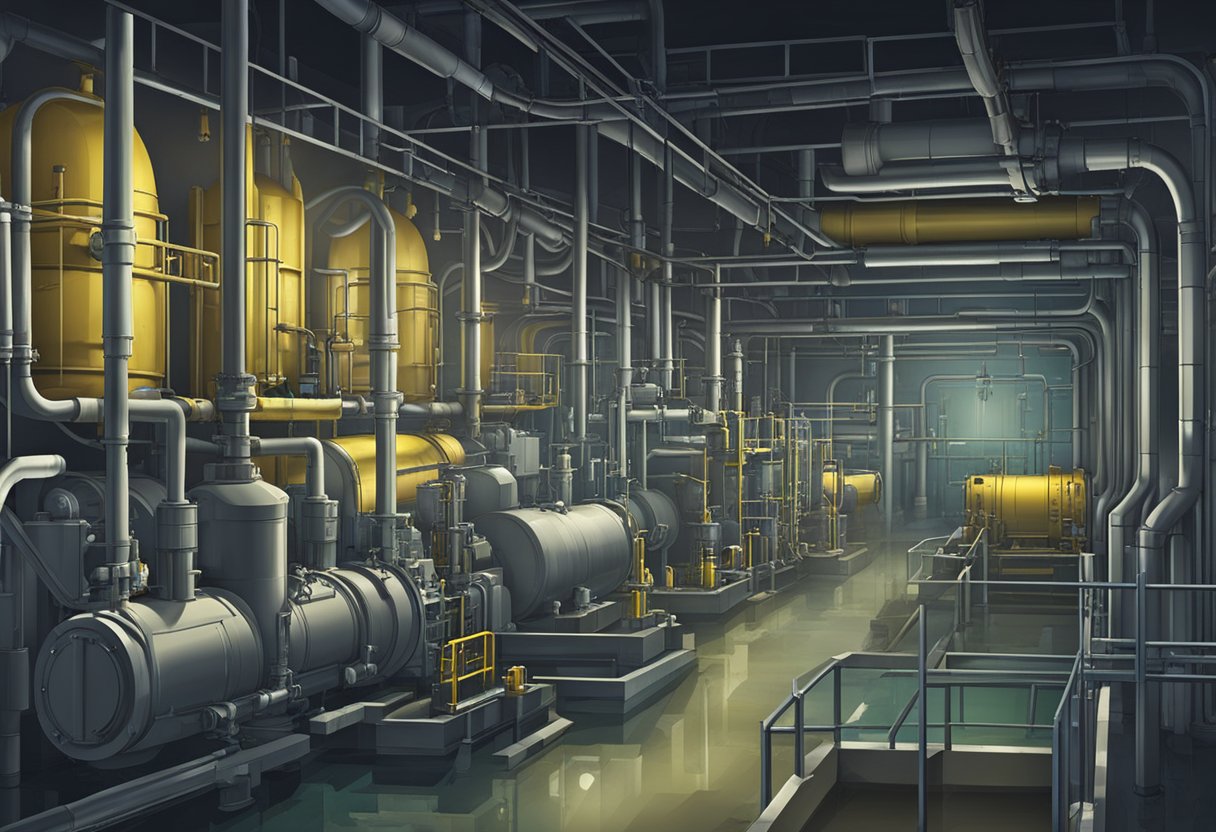 Wastewater pumps in a dimly lit underground chamber, surrounded by pipes and machinery, with water flowing and the sound of mechanical humming