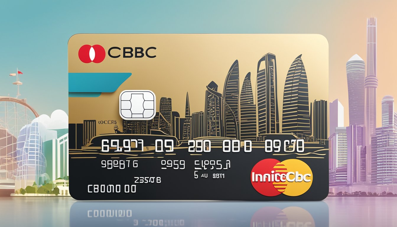 A sleek, metallic credit card with the OCBC Infinite logo prominently displayed, set against a backdrop of iconic Singaporean landmarks and symbols