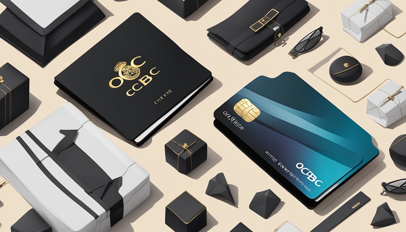 A sleek black credit card with the OCBC Infinite logo, surrounded by luxury items like a private jet, yacht, and high-end shopping bags