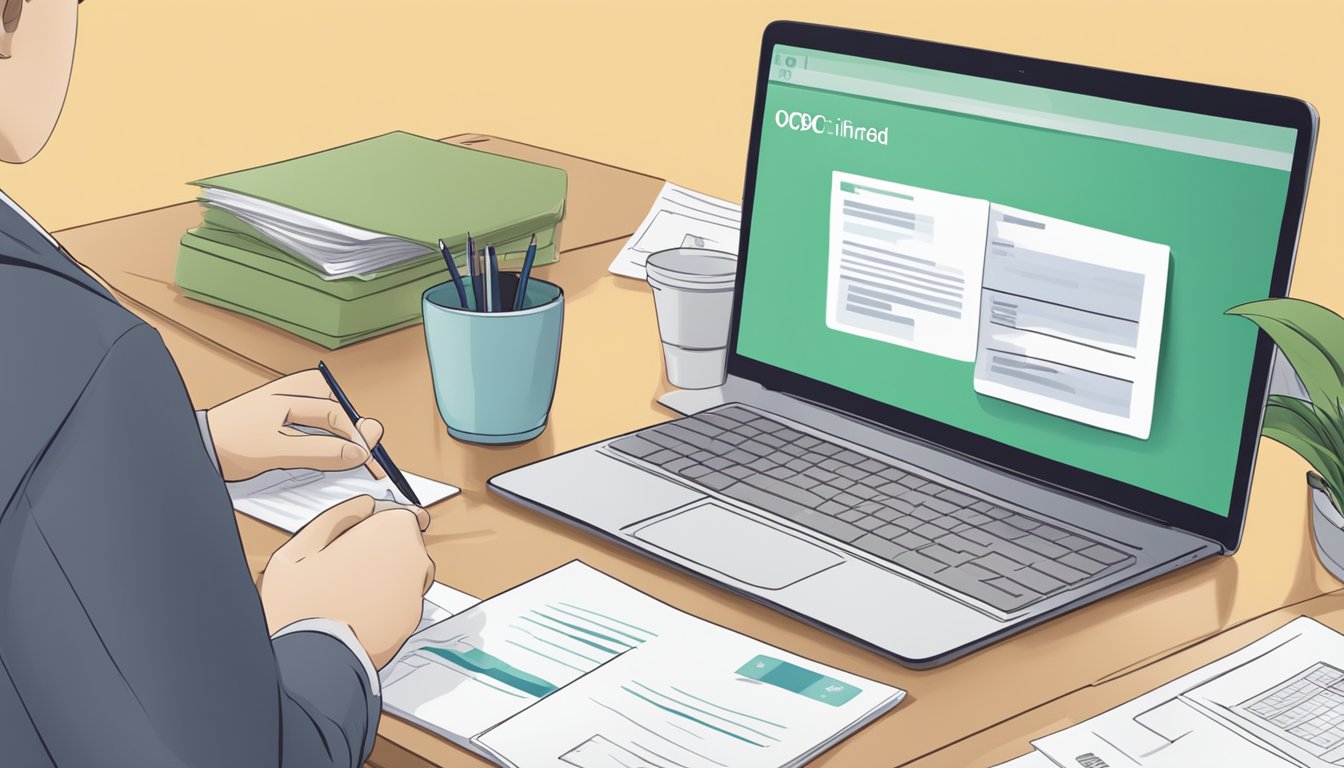 The scene depicts a person filling out an application form for the OCBC Infinite Card, with a laptop and documents on a desk