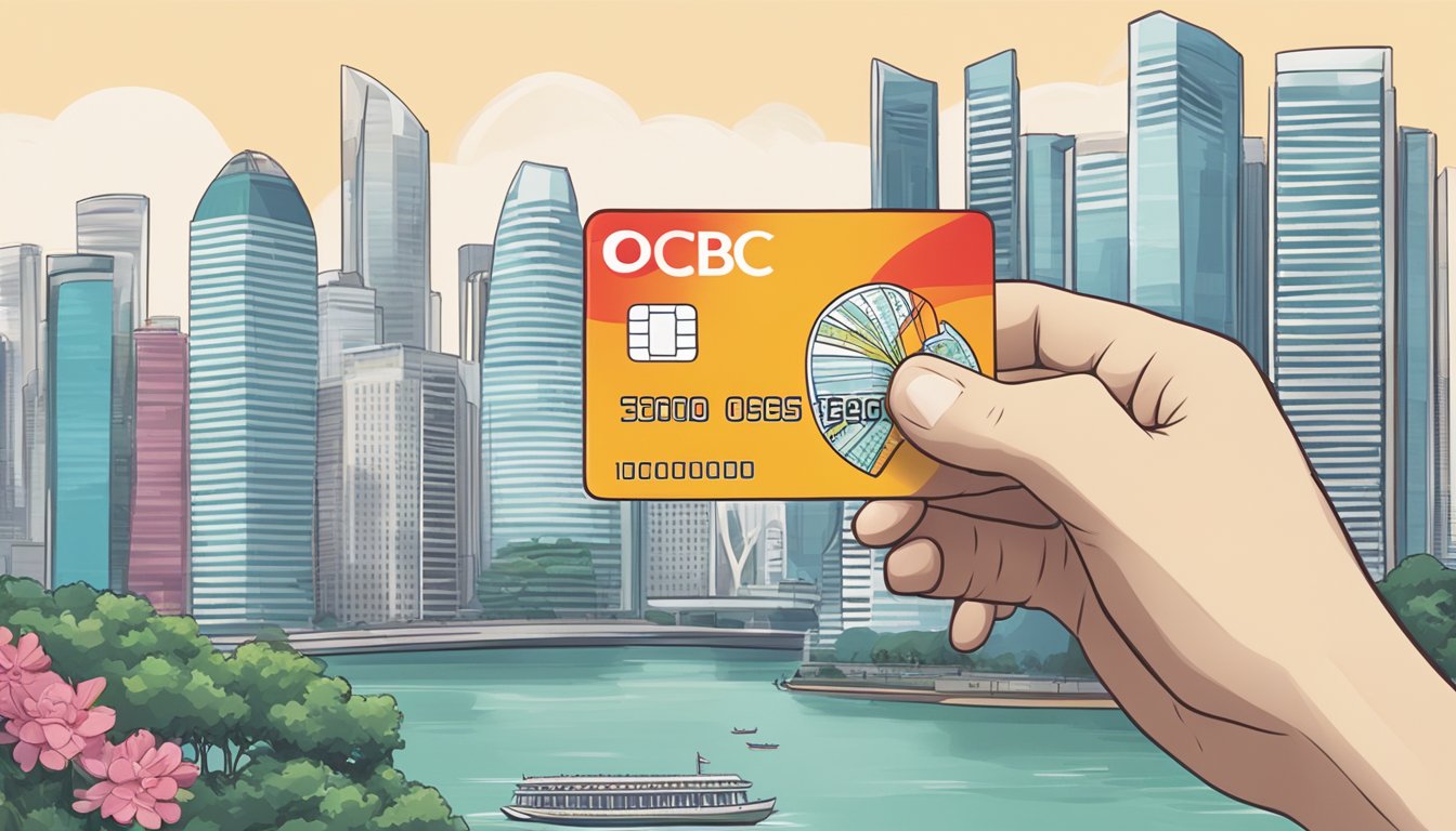 A hand holding an OCBC Infinite Card with the Singapore skyline in the background