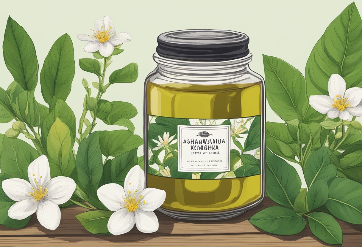 A jar of Ashwagandha KSM-66 sits on a wooden table, surrounded by fresh green leaves and blooming flowers. The label on the jar is clear and prominent