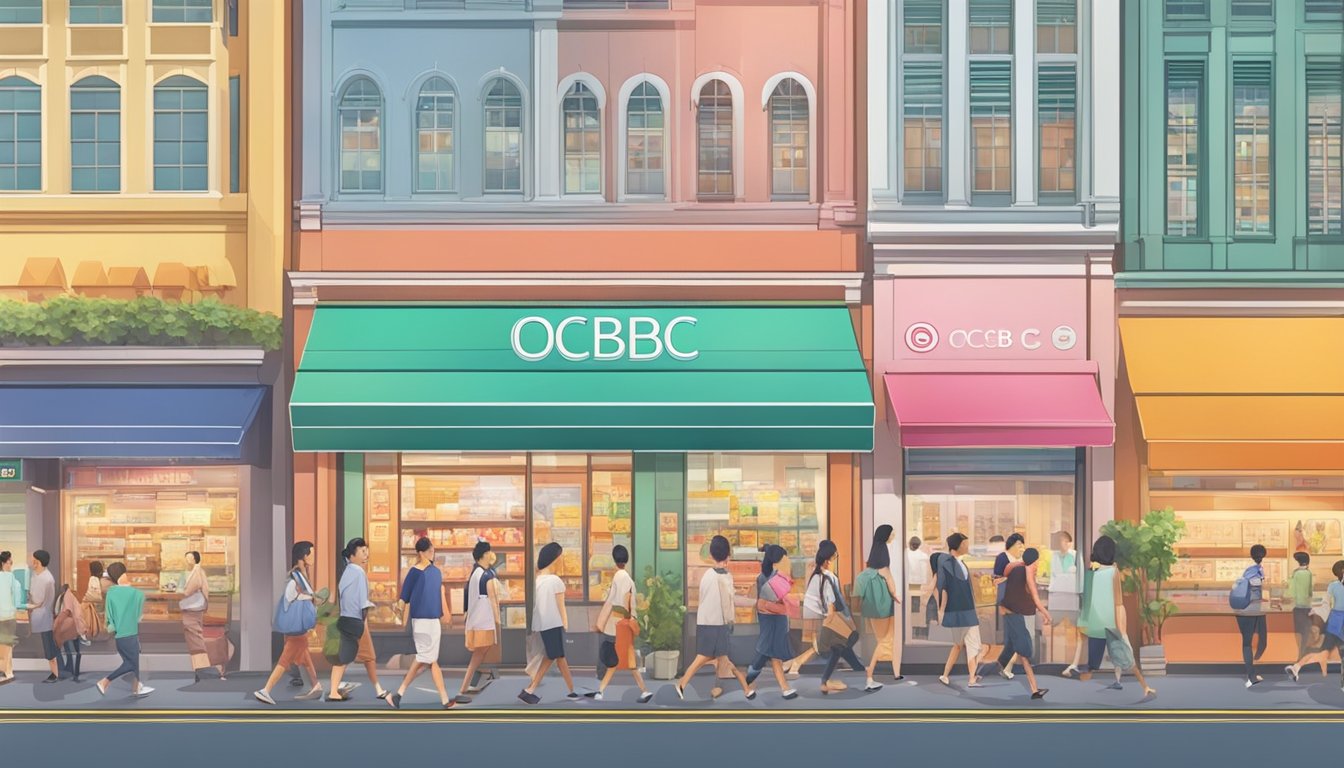 A bustling Singapore street with colorful storefronts and people redeeming instant rewards at an OCBC bank branch