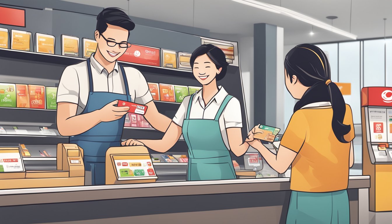 A customer swipes their OCBC card at a store, receiving instant rewards. The card and rewards are prominently displayed, with a happy and satisfied expression on the customer's face