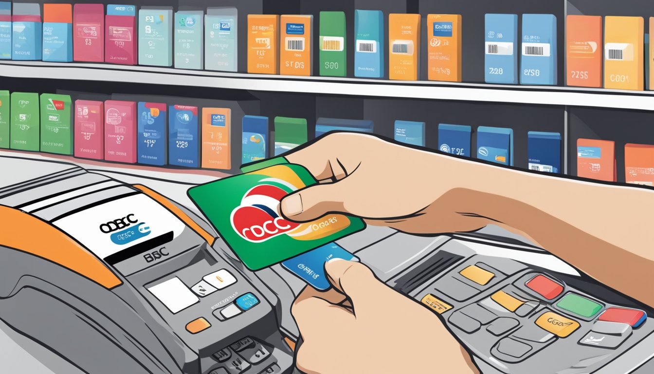 A hand swipes a credit card at a store, earning OCBC$ instant rewards in Singapore. The card features the OCBC logo and the rewards program branding