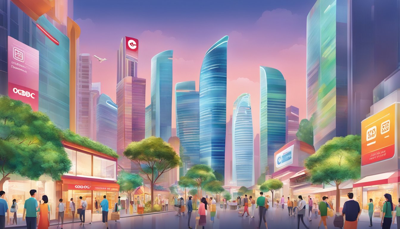A vibrant cityscape with prominent OCBC branding, featuring various merchants and deals, alongside happy customers redeeming instant rewards in Singapore