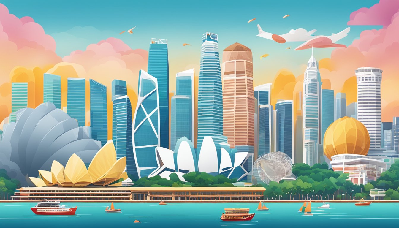 A colorful display of OCBC Instant Rewards products against a backdrop of iconic Singapore landmarks