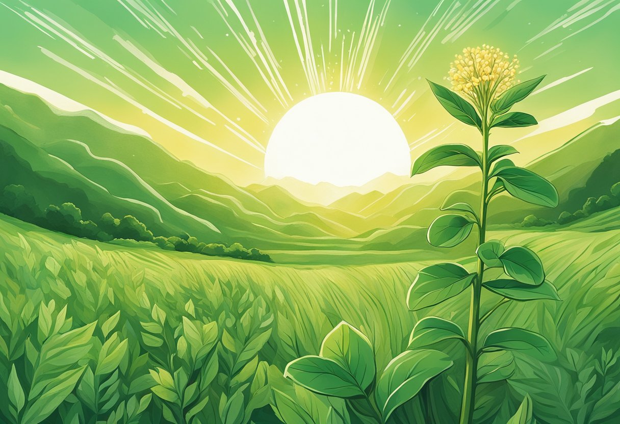 A lush green field with a vibrant ashwagandha plant standing tall and strong, surrounded by rays of sunlight