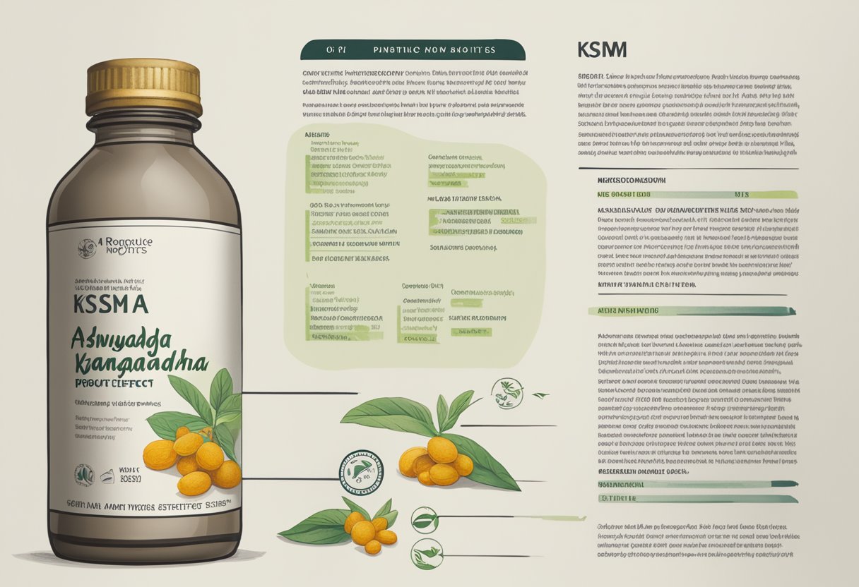A bottle of ashwagandha KSM-66 sits on a clean, white surface, with a label clearly displaying the product name and a list of potential side effects and safety information