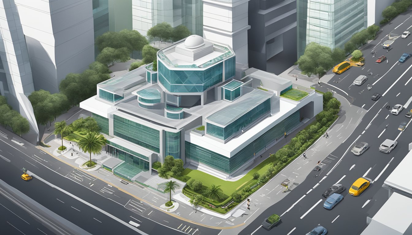 An aerial view of the OCBC Islamic Banking branch in Singapore, featuring the modern architecture and signage
