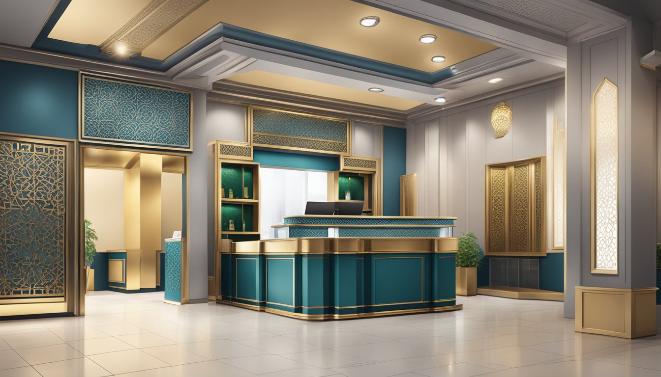 An elegant and modern bank branch with Islamic design elements, offering a range of Shariah-compliant banking products and services