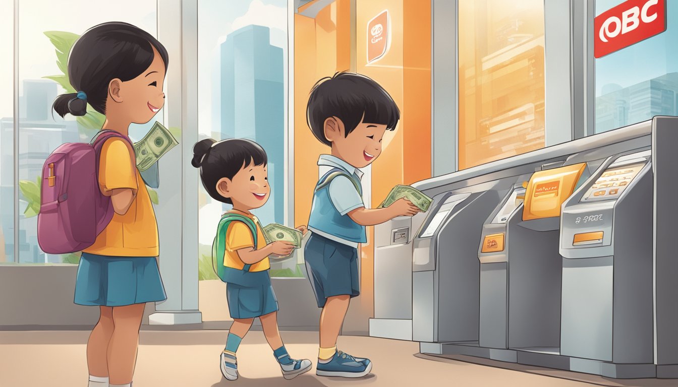 A child in a bank, smiling while depositing money into an OCBC Junior Account in Singapore