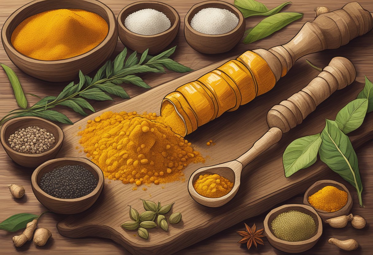 Turmeric, ginger, and black pepper sit on a wooden cutting board, surrounded by vibrant spices and herbs. A mortar and pestle stand nearby, ready to crush and blend the ingredients together