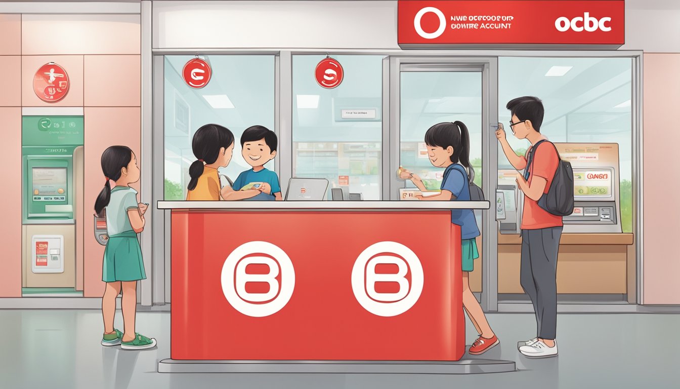 A child happily depositing money into an OCBC Junior Account at a Singaporean bank branch