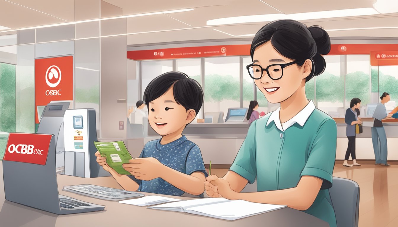 A child eagerly opening an OCBC Junior Account with a parent at a Singapore bank branch